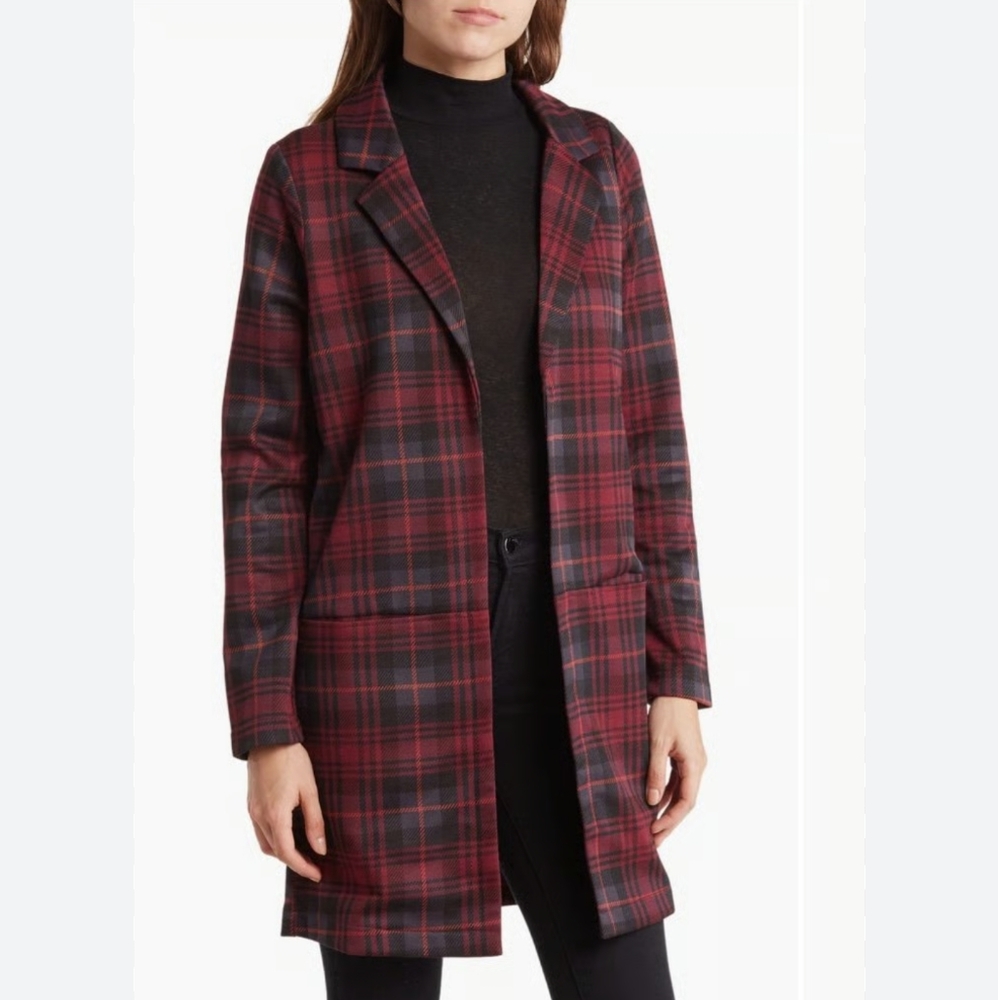 Melloday Purple Burgundy Plaid Lightweight Coat Blazer Large Longline